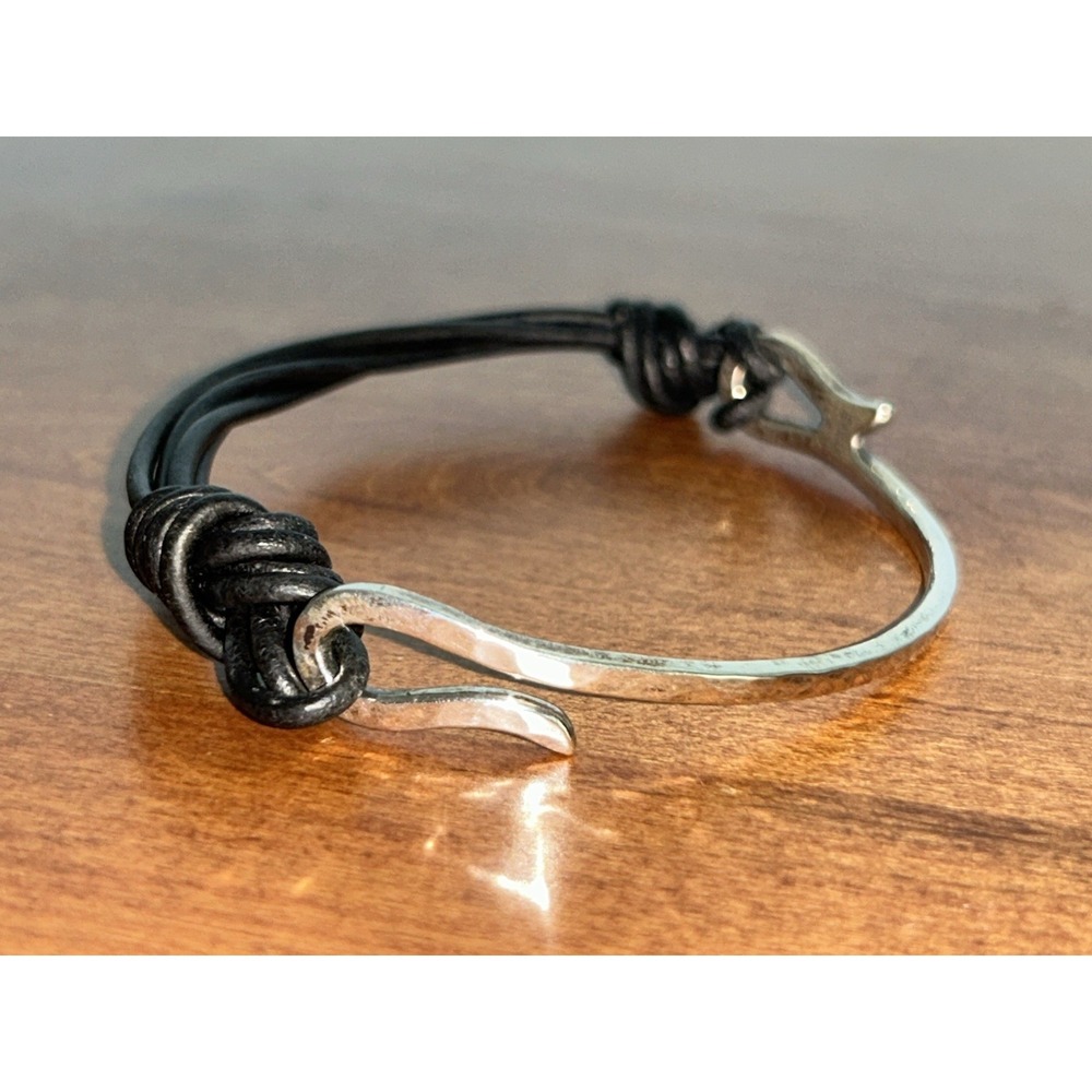 JAMES AVERY Black Leather Hammered Sterling Silver Hook-On As You Wish Bracelet